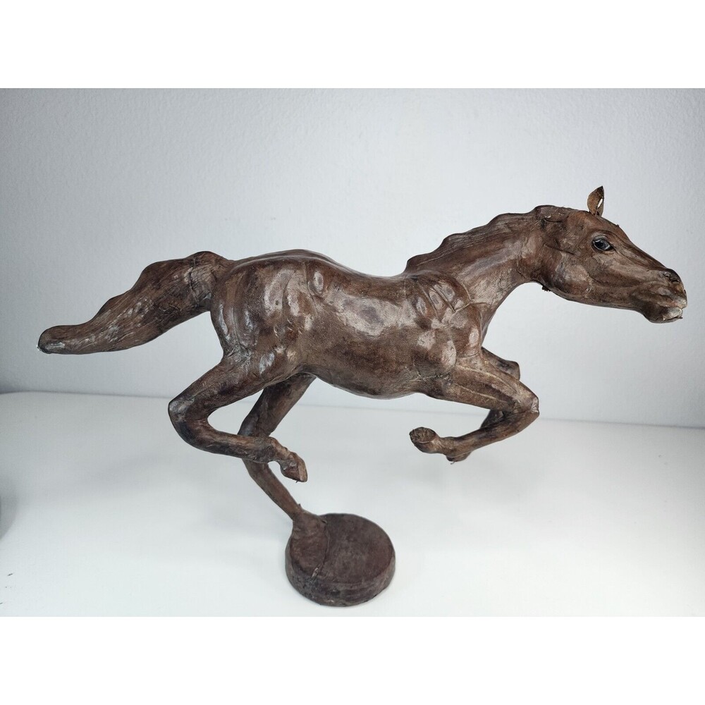 Vintage Large Wooden Horse Statue Hand Carved Leather Wrapped Figurine OBO